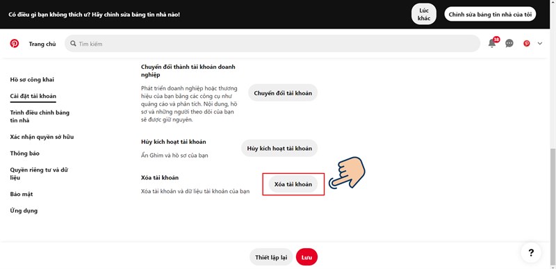  Chọn X&oacute;a t&agrave;i khoản