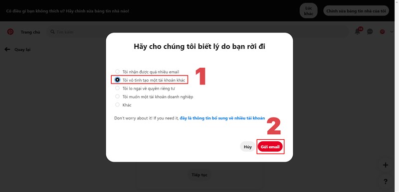 Chọn l&yacute; do muốn x&oacute;a v&agrave; chọn Gửi email