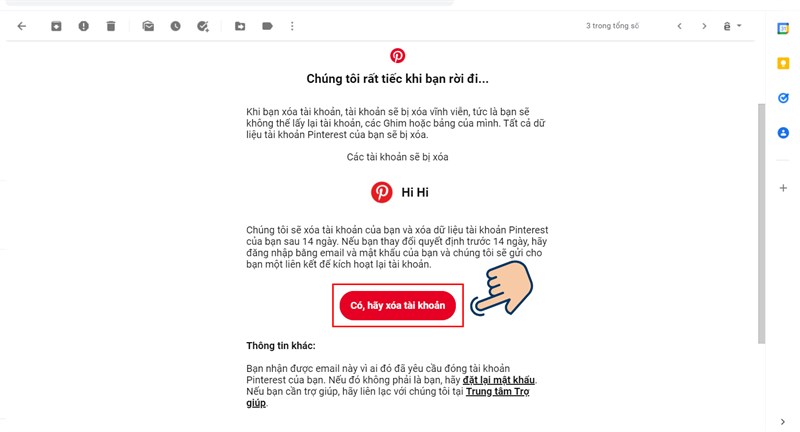 V&agrave;o email chọn C&oacute;, h&atilde;y x&oacute;a t&agrave;i khoản l&agrave; ho&agrave;n tất&nbsp;