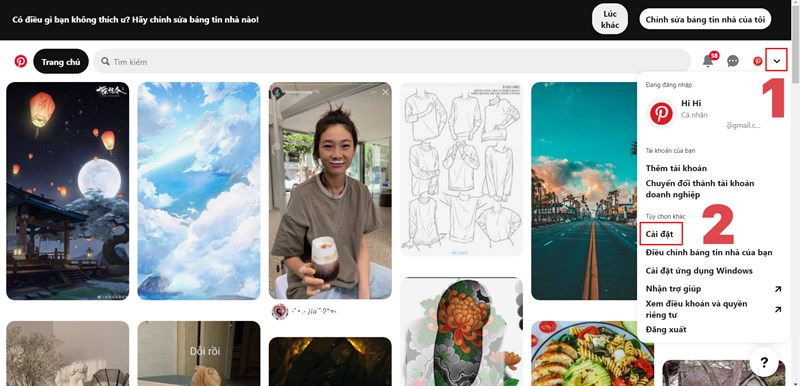 Chọn biểu tượng mũi t&ecirc;n hướng xuống v&agrave; chọn C&agrave;i đặt