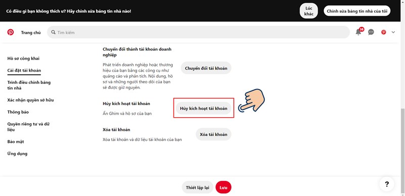 Chọn Hủy k&iacute;ch hoạt t&agrave;i khoản
