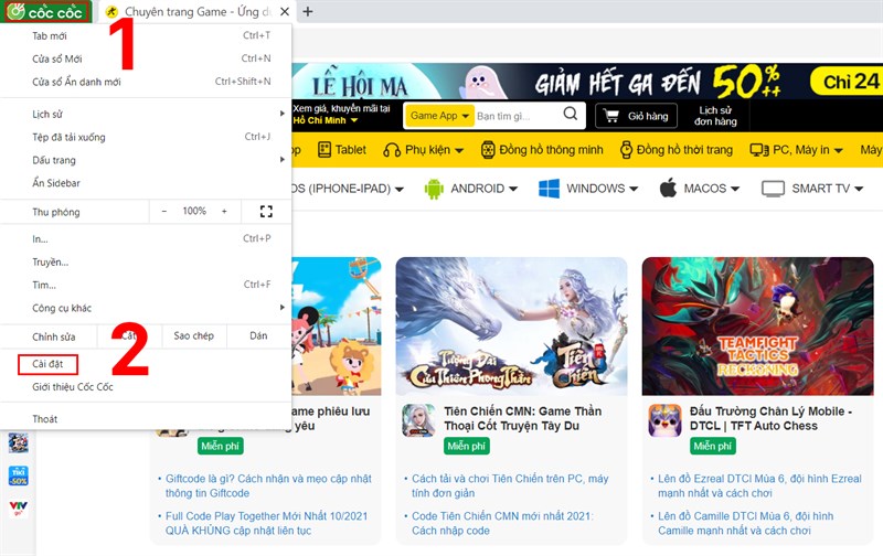 Bấm v&agrave;o biểu tượng Cốc Cốc ở g&oacute;c tr&aacute;i tr&ecirc;n c&ugrave;ng v&agrave; chọn C&agrave;i đặt