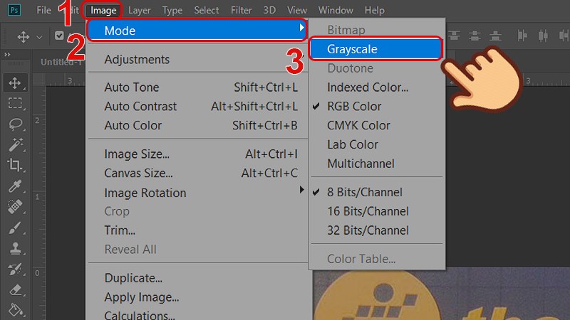 Nhấn vào phần Image chọn Mode rồi chọn tiếp vào Grayscale