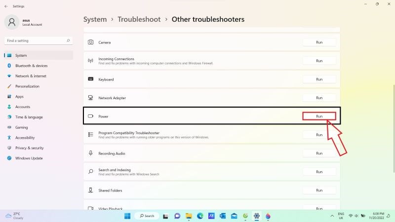 Nhấn n&uacute;t Run thuộc Power
