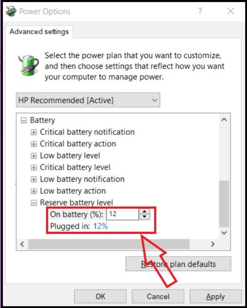 Chọn On Battery and Plugged in v&agrave; điền 
