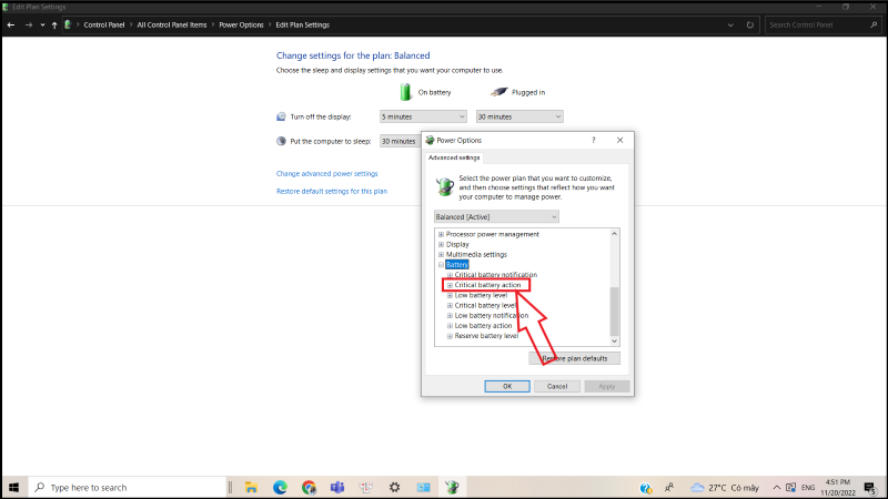 Chọn Critical battery action