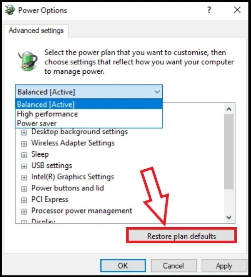 họn n&uacute;t Restore plan defaults