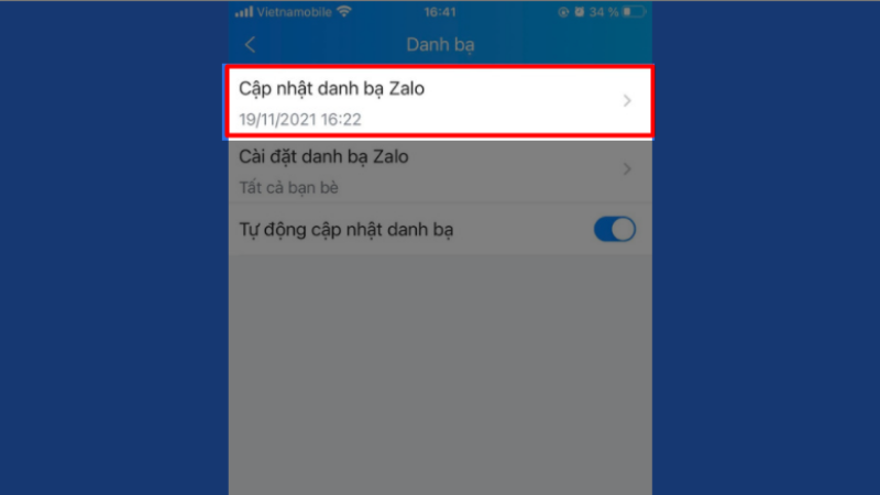 Nhấn Cập nhật danh bạ Zalo