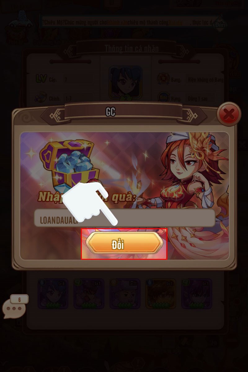 Nhấn Đổi để nhận phần thưởng từ code