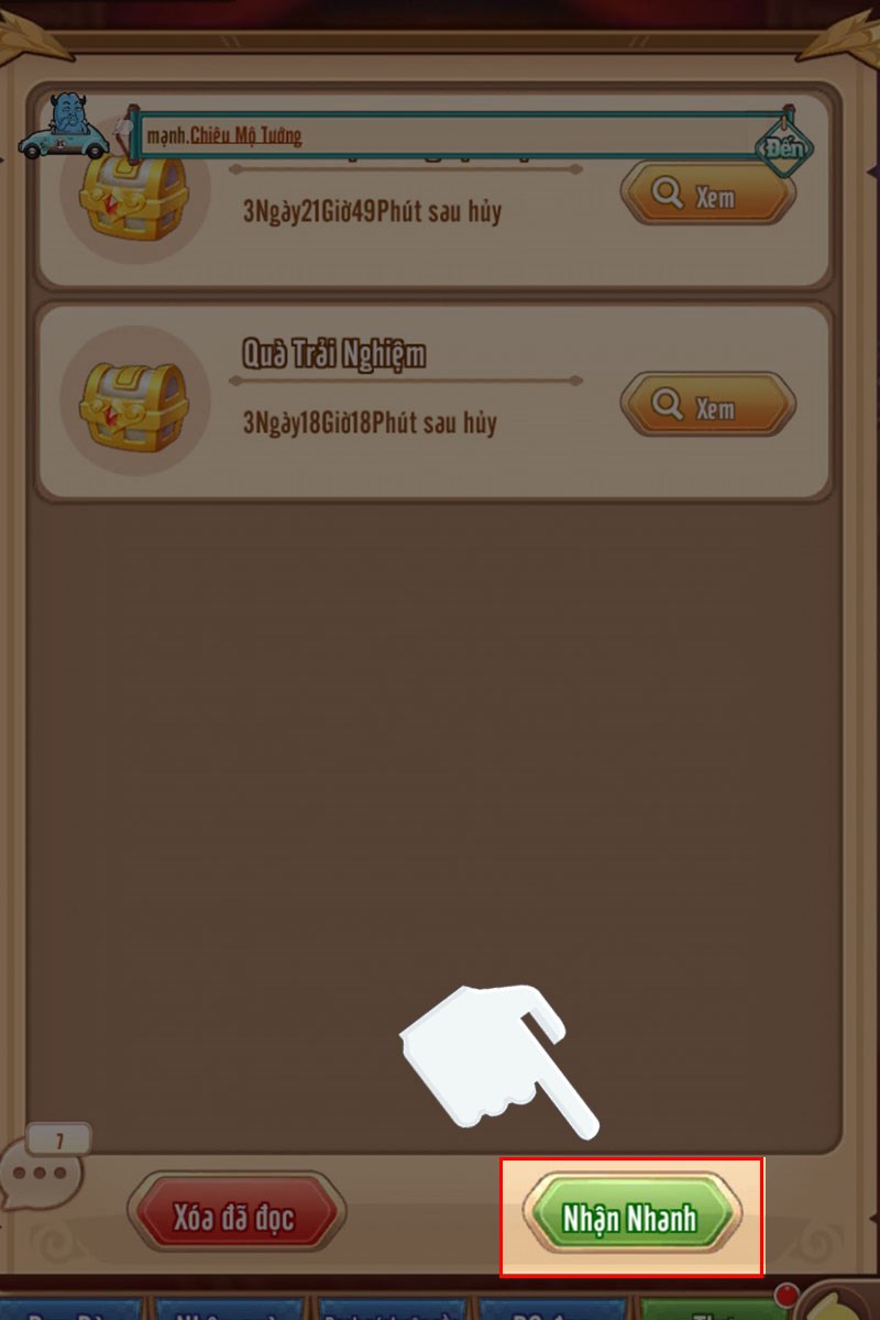 Nhấn v&agrave;o mục Nhận nhanh để nhận phần thưởng