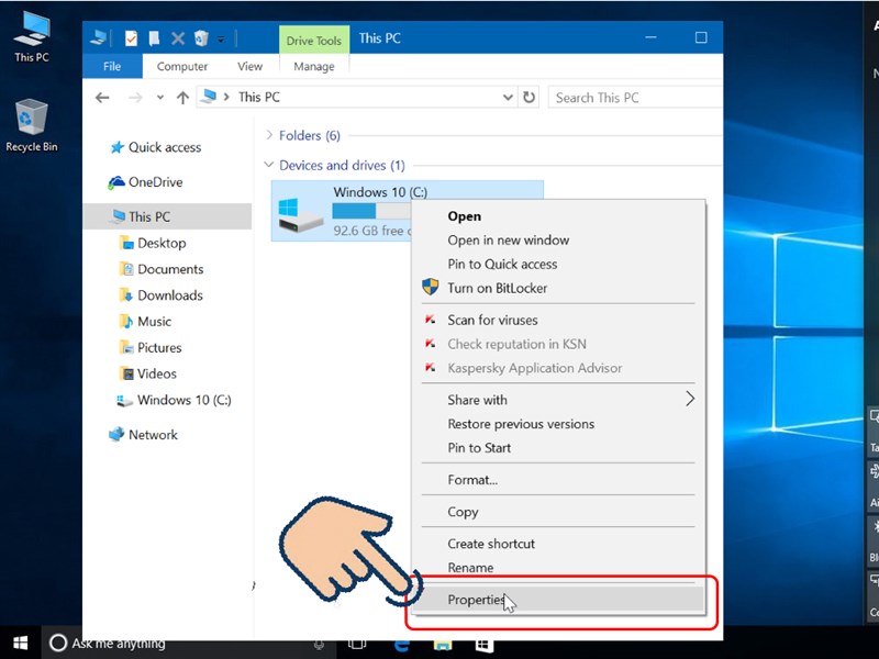 Bạn click chuột phải vào ổ bạn cài đặt Windows 10, sau đó chọn Properties