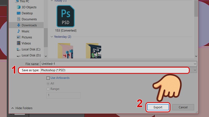 Chọn mục Save as type là Photoshop (*.PSD) và nhấn Export để xuất file