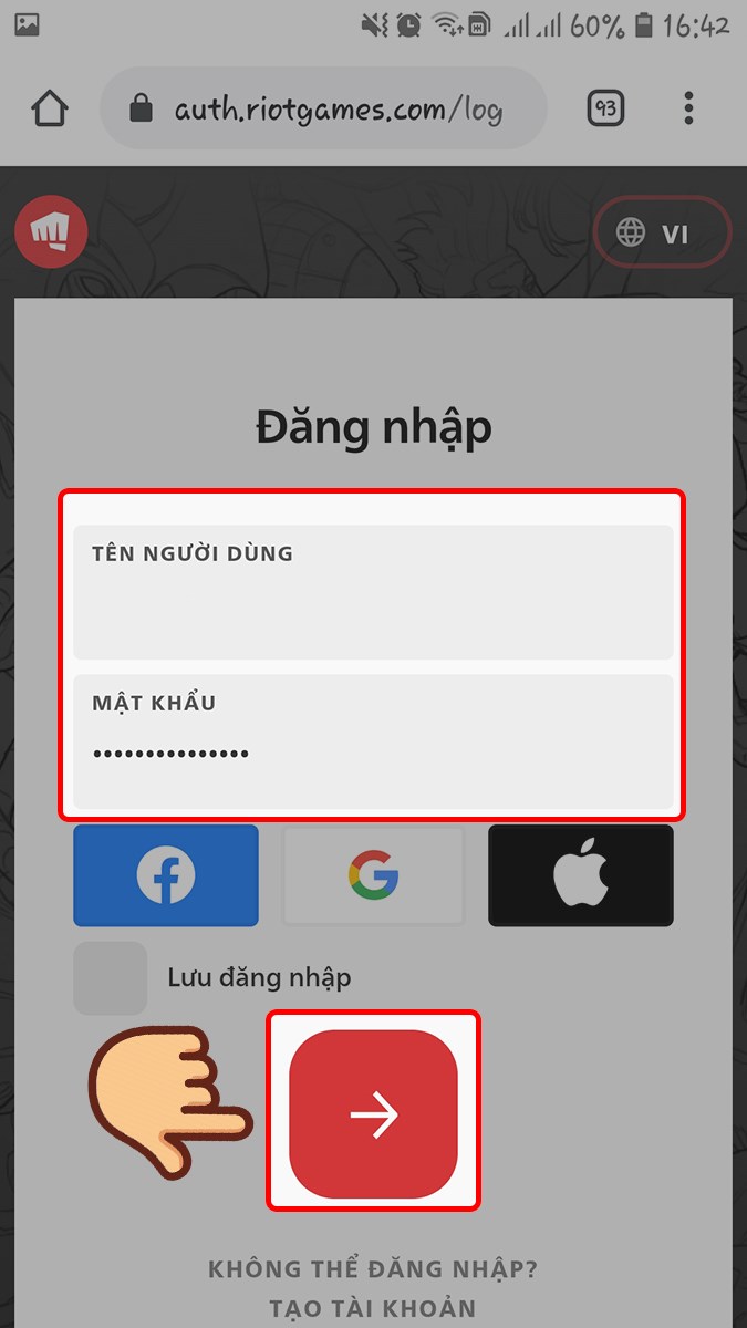 Điền tên tài khoản RIOT và mật khẩu của bạn