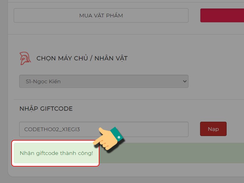 Th&ocirc;ng b&aacute;o nhập code th&agrave;nh c&ocirc;ng
