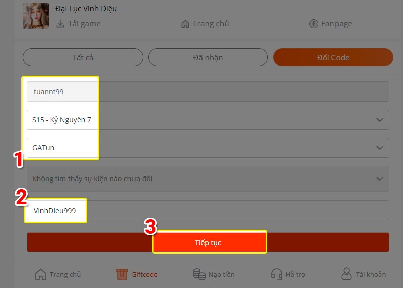 Điền th&ocirc;ng tin t&agrave;i khoản, nhập code