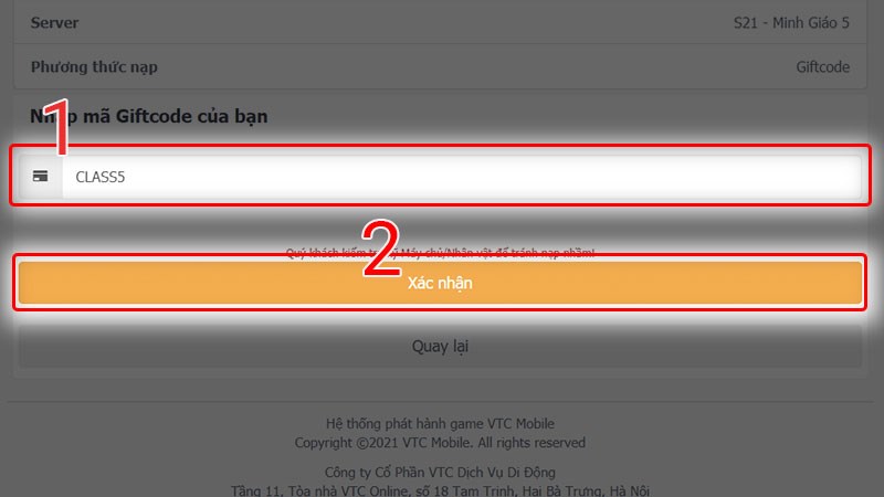 Nhập code và nhấn Xác nhận