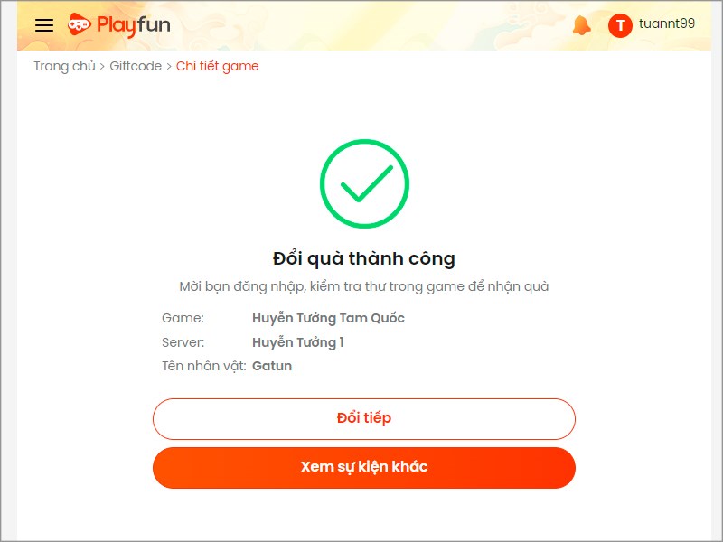 Nhập code thành công