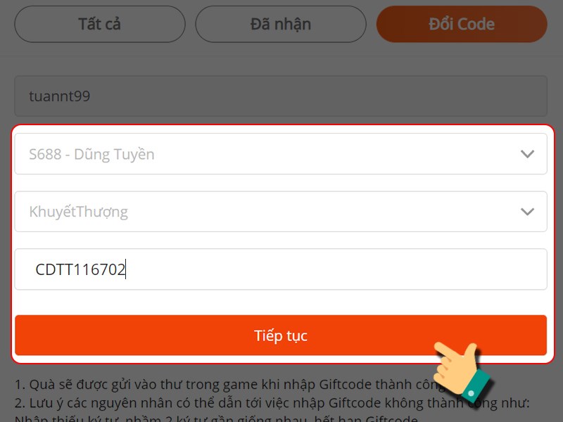 Nhập code đổi quà 