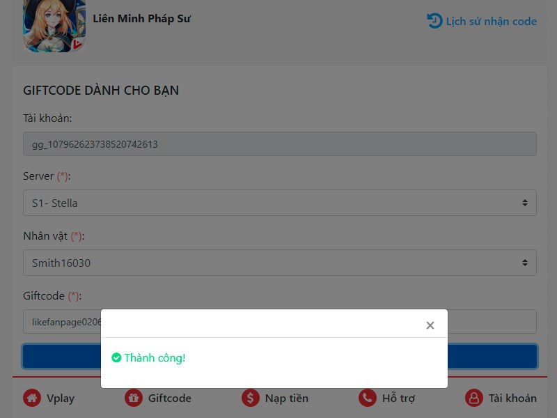 Nhập code th&agrave;nh c&ocirc;ng