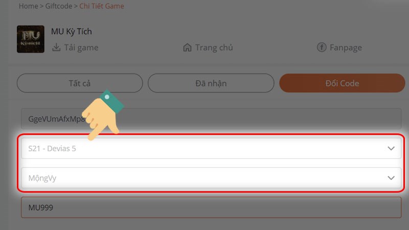 Chọn server và nhân vật bạn muốn đổi code