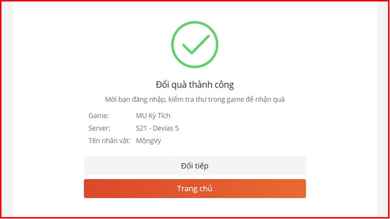 Hệ thống gửi thông báo nhập code thành công