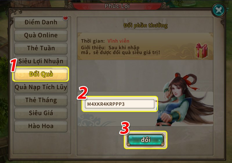 Điền m&atilde; code v&agrave; x&aacute;c nhận nhận qu&agrave;