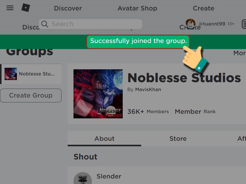 Thông báo tham gia group Noblesse Studios thành công