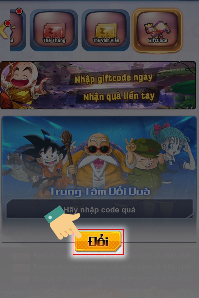 Nhấn v&agrave;o mục Đổi để nhận thưởng từ code