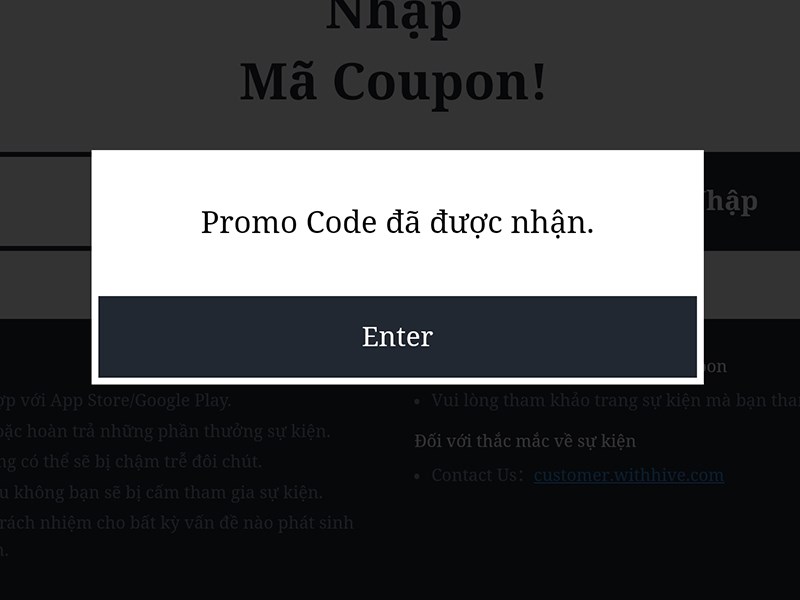 Nhập code thành công