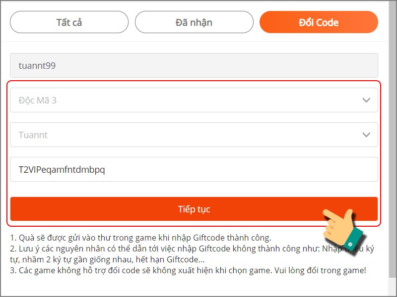 Nhập mã code để đổi quà