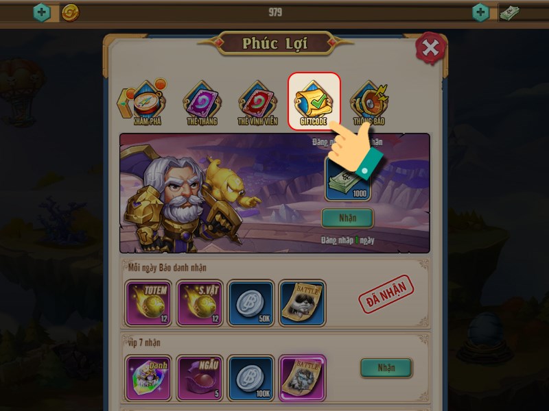Nhấn vào Giftcode