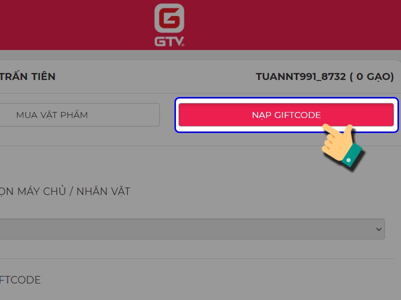 Tiếp tục nhấn v&agrave;o Nạp GIFTCODE