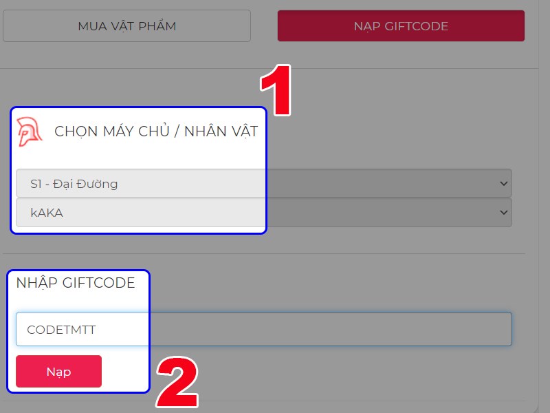 Chọn nh&acirc;n vật v&agrave; nhập m&atilde; code bạn c&oacute;