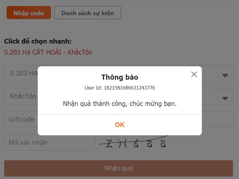 Thông báo nhập code thành công