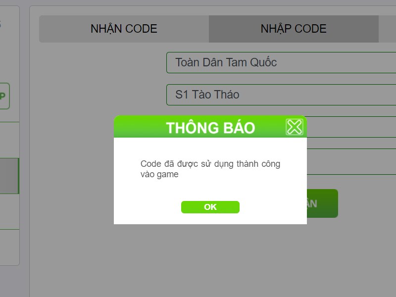 Th&ocirc;ng b&aacute;o nhập code th&agrave;nh c&ocirc;ng