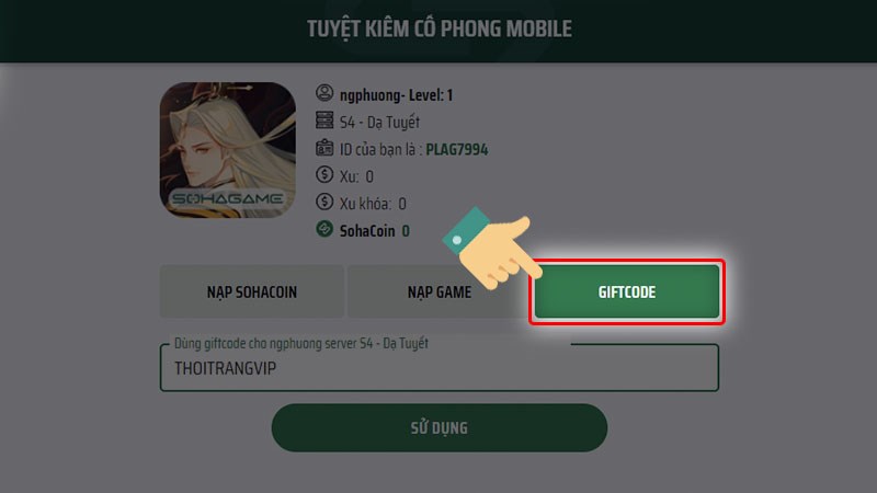 Chọn mục Giftcode