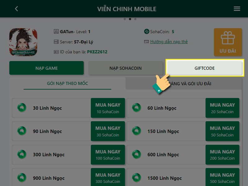 Chọn giftcode