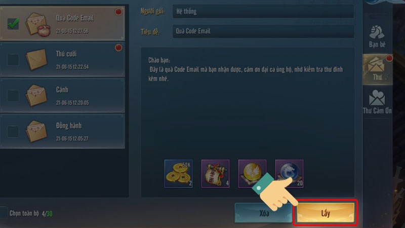 Nhấn v&agrave;o mục Lấy để lấy phần thưởng