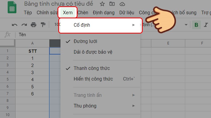 Ở thanh trên cùng chọn mục Xem, chọn Cố định