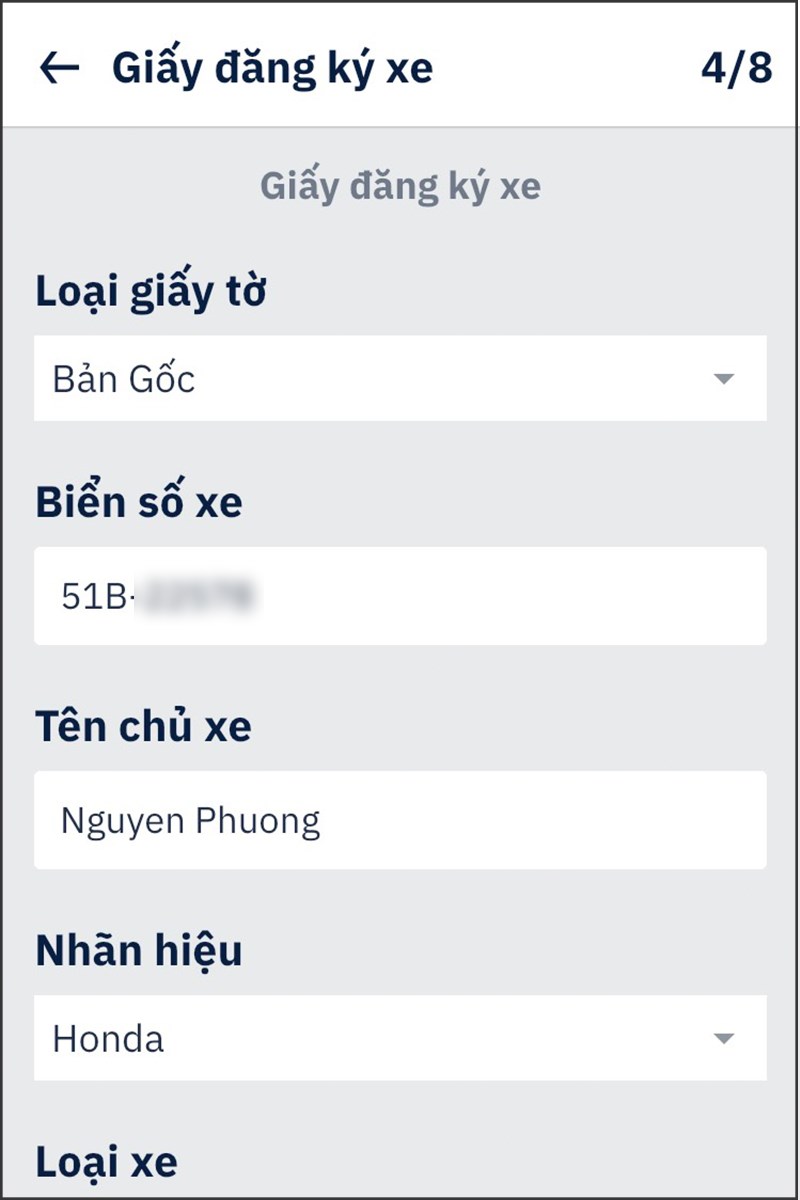 Điền các loại giấy tờ, biển số xe, tên chủ xe, nhãn hiệu và loại xe của mình