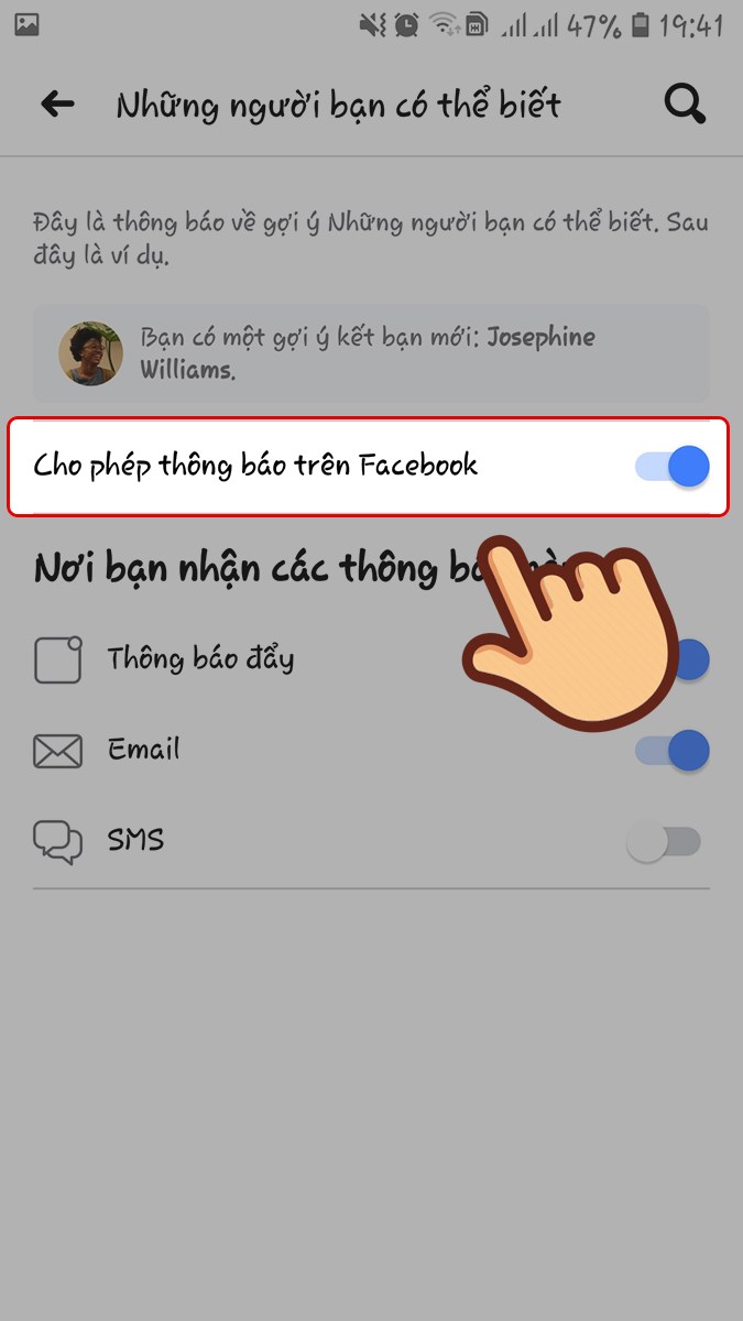 Gạt thanh ngang sang bên trái ở mục Cho phép thông báo trên Facebook