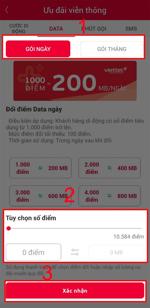 Chọn gói data, nhập điểm muốn đổi và nhấn Xác nhận