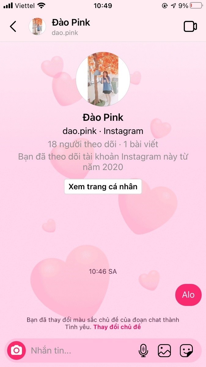 Kết quả khi thay đổi giao diện m&agrave;u n&ecirc;n chat tr&ecirc;n Instagram