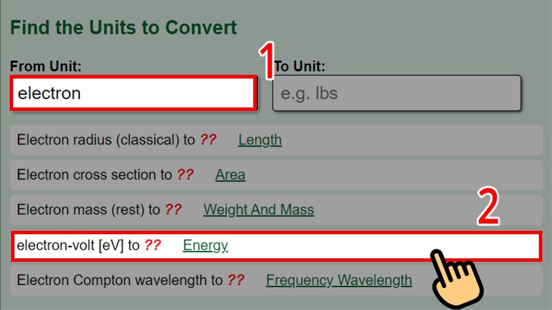Tìm đơn vị electron-volt (energy)