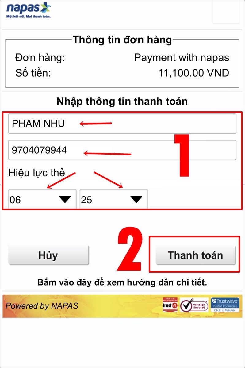 Nhập th&ocirc;ng tin v&agrave; nhấn Thanh to&aacute;n