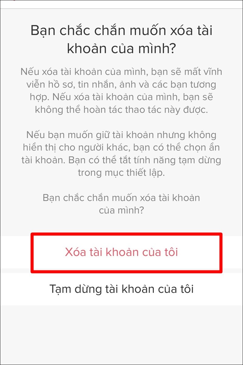 Xác nhận Xóa tài khoản Tinder