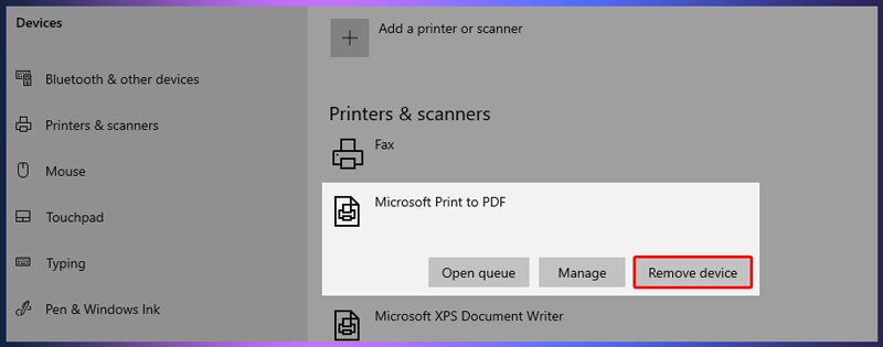 Chọn máy in và Remove. Chọn máy in và Remove.