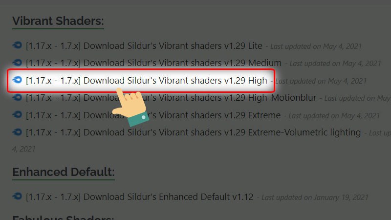 Kéo xuống mục Vibrant Shaders lựa chọn phiên bản tải và nhấn vào