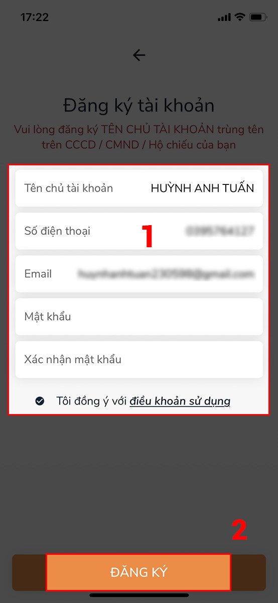 Điền đầy đủ th&ocirc;ng tin đăng k&yacute; t&agrave;i khoản