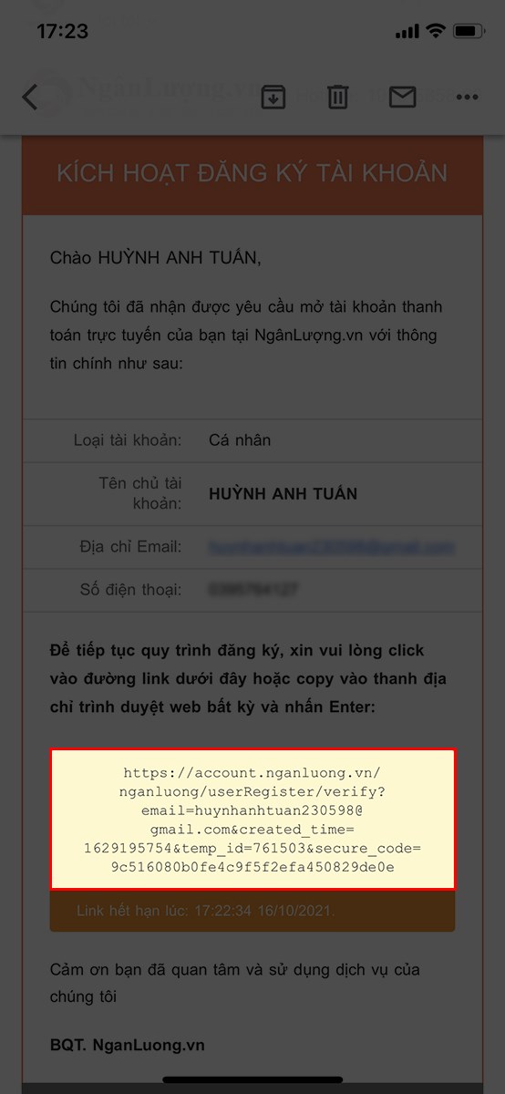 Chọn v&agrave;o link được đ&iacute;nh k&egrave;m trong Email